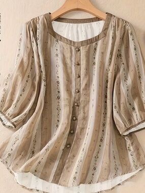 Sheer Floral Stripe Women’s Top - White with Brown Trim 
3/4 sleeves